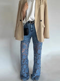 Plus Size Women's Stretch Denim Jeans With Cut-Out Lace Splicing Summer New High Waist Wide Pants Elegant Female Chic Trousers