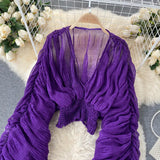 Women Blouse Sexy Deep V Neck Tops Full Puff Sleeve Tight Waist Top Shirts Slim Fit Blouses Elegant Splice Pleated Shirt