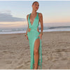 Green Knit Hollow Out Beach Long Dress Women Sexy Halter Backless Sleeveless Split Party Dresses 2025 Summer Lady Holiday Robe