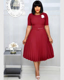 New Plus size women's Summer Style Elegant Ladies  fashion short sleeve pleated high waist Dresses ladies  dress for women