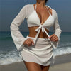 Solid White String Halter Bikinis Sets 4 Pieces Sexy Swimsuit Women Long Sleeve Cover Ups Tops Skirts Swimwear Bikini Beachwear