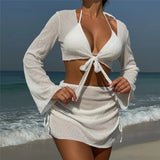 Solid White String Halter Bikinis Sets 4 Pieces Sexy Swimsuit Women Long Sleeve Cover Ups Tops Skirts Swimwear Bikini Beachwear