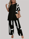 Plus Size Women's XL-5XL Plus Size Brush Print EleganceRound Neck  Short Sleeve Split Top & Matching Pants 2 Piece Outfit Set