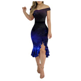 Women'S Party Dress Sexy Off Shoulder Split Ruffle Solid Bodycon Knee-Length Dress Fashion Glitter Party Elegant Dresses Vestido