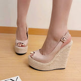 Fashion New Wedges Woven Hemp Rope High Heels Womens Sandals Fish Mouth Platform Back Buckle Strap Thick Soled Shoes Apricot