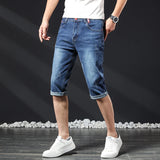 Mens Short Jeans Summer New Bermuda Casual Stretch Blue Knee Length Cropped Pants Slim Male Denim Shorts