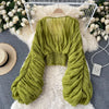 Women Blouse Sexy Deep V Neck Tops Full Puff Sleeve Tight Waist Top Shirts Slim Fit Blouses Elegant Splice Pleated Shirt