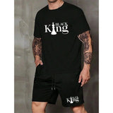 New Men's Short Sleeve Shorts Set Fashion King Printed T-Shirt Shorts 2 Sets of Casual Round Neck Jumper Breathable Sportswear