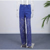 Plus Size Women's Stretch Denim Jeans With Cut-Out Lace Splicing Summer New High Waist Wide Pants Elegant Female Chic Trousers