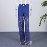 Plus Size Women's Stretch Denim Jeans With Cut-Out Lace Splicing Summer New High Waist Wide Pants Elegant Female Chic Trousers