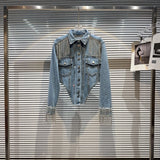 Chic Rhinestoness Tassels Beaded Denim Coat Bareback Diamonds Fringed Jeans Jacket Crystal Cardigan Streetwear Jaquetas