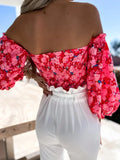 Elegant Floral Blouses For Women Sexy Backless Off Shoulder Crop Top Youth White Blouse Fashion Summer Women Clothing 2024