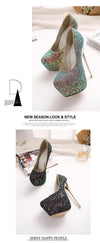 Sexy Platform Shallow Shoes Woman Pumps Round Head Bling Sequins Slip-On Ultra Thin High Heels Party Wedding Shoe Zapatos