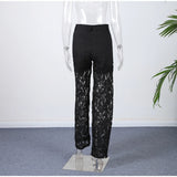 Plus Size Women's Stretch Denim Jeans With Cut-Out Lace Splicing Summer New High Waist Wide Pants Elegant Female Chic Trousers