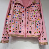 Rainbow Diamond Bead Pink Denim Loose Crystal Stone Jeans Jacket Long Sleeve Crystal Denim Cardigan Spiked Top