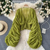 Women Blouse Sexy Deep V Neck Tops Full Puff Sleeve Tight Waist Top Shirts Slim Fit Blouses Elegant Splice Pleated Shirt