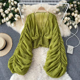 Women Blouse Sexy Deep V Neck Tops Full Puff Sleeve Tight Waist Top Shirts Slim Fit Blouses Elegant Splice Pleated Shirt