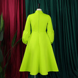 Elegant Dresses for Women Bow Collar Full Sleeve High Waisted Pleated Mid Calf Luxury Birthday Party Dinner Vestidos Mujer Dress