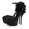 Black Satin Ankle Strap Platform Pumps Pleated Stiletto Solid Color High Heels Women's Shoes