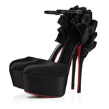 Black Satin Ankle Strap Platform Pumps Pleated Stiletto Solid Color High Heels Women's Shoes