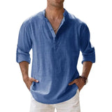 New Men Casual Shirts Lightweight Long Sleeve Henley Cotton Shirts for Beach Linen Shirts Hawaiian Breathable Collar Tops
