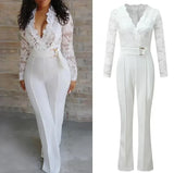 Women White Jumpsuit Lace Stitching Long Sleeve V-neck Large Size Wide Leg Pants Office Lady  Jumpsuits for Woman Lugentolo