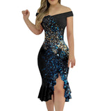 Women'S Party Dress Sexy Off Shoulder Split Ruffle Solid Bodycon Knee-Length Dress Fashion Glitter Party Elegant Dresses Vestido