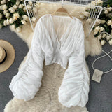 Women Blouse Sexy Deep V Neck Tops Full Puff Sleeve Tight Waist Top Shirts Slim Fit Blouses Elegant Splice Pleated Shirt