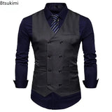 2025 Men's Formal Dress Vest Top Double Breasted Casual Tank Tops Solid Slim V-Neck Club Party Suits Vest Formal Waistcoat Men