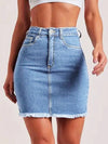 Women Slim-Fit Denim Mid Skirt with Raw Hem Button Zipper Pockets Stretchy Jeans Skirt Casual Light Blue Summer Fashion Skirt
