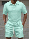 Stylish Short Sleeve Two Pieces Outfits Mens Summer Fashion Plaid Jacquard Lapel Polo Shirt And Shorts Sets Men Two Pieces Suit