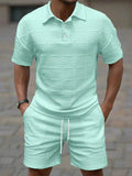 Stylish Short Sleeve Two Pieces Outfits Mens Summer Fashion Plaid Jacquard Lapel Polo Shirt And Shorts Sets Men Two Pieces Suit