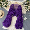 Women Blouse Sexy Deep V Neck Tops Full Puff Sleeve Tight Waist Top Shirts Slim Fit Blouses Elegant Splice Pleated Shirt