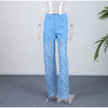 Plus Size Women's Stretch Denim Jeans With Cut-Out Lace Splicing Summer New High Waist Wide Pants Elegant Female Chic Trousers