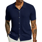 Men's Casual Tops Summer Cool Knitted Men's Shirt Short Sleeve Lapel Solid Color Hollow Breathable Men's Clothing
