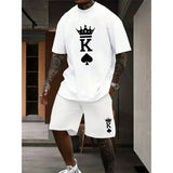 New Men's Short Sleeve Shorts Set Fashion King Printed T-Shirt Shorts 2 Sets of Casual Round Neck Jumper Breathable Sportswear