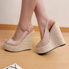 Fashion New Wedges Woven Hemp Rope High Heels Womens Sandals Fish Mouth Platform Back Buckle Strap Thick Soled Shoes Apricot
