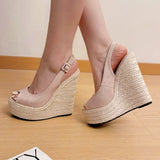 Fashion New Wedges Woven Hemp Rope High Heels Womens Sandals Fish Mouth Platform Back Buckle Strap Thick Soled Shoes Apricot
