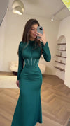 Women Muslim Dresses Slim Party Evening Dress Long Sleeve Pleated Lace-up Irregular Robe Maxi Dress Dubai Abaya Elegant Vestidos