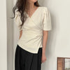 Women Blouse 2025 Spring Summer Solid Tucked V Neck Slim Blouse Elegant Short Sleeve Asymmetrical Top For Women Hot Sale