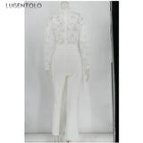 Women White Jumpsuit Lace Stitching Long Sleeve V-neck Large Size Wide Leg Pants Office Lady  Jumpsuits for Woman Lugentolo