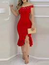 Womens Dresses New Summer Fashion Beaded Off Shoulder Ruffles Slit Hem Elegant Plain Short Sleeve Skinny Midi Party Dress