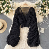 Women Blouse Sexy Deep V Neck Tops Full Puff Sleeve Tight Waist Top Shirts Slim Fit Blouses Elegant Splice Pleated Shirt