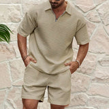 Men's Short Sleeved Sports Set, Casual Fashion, Comfortable, Monochromatic, Collar, 2-Piece Set, Summer, New, 2024
