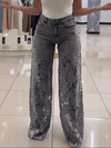 Plus Size Women's Stretch Denim Jeans With Cut-Out Lace Splicing Summer New High Waist Wide Pants Elegant Female Chic Trousers