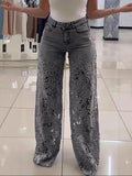Plus Size Women's Stretch Denim Jeans With Cut-Out Lace Splicing Summer New High Waist Wide Pants Elegant Female Chic Trousers