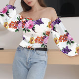 Elegant Floral Blouses For Women Sexy Backless Off Shoulder Crop Top Youth White Blouse Fashion Summer Women Clothing 2024
