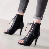 Lace-Up Sandals Heels 9CM Women's Shoes Summer 2024 Trend Black Sexy Peep Toe Boots Fashion Cloth Stilettos Jazz Dance Female