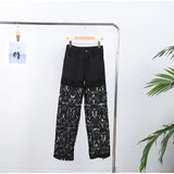 Plus Size Women's Stretch Denim Jeans With Cut-Out Lace Splicing Summer New High Waist Wide Pants Elegant Female Chic Trousers