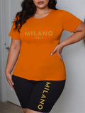Plus Size Women 2 Piece Set Short Sleeve T-shirt and Shorts Elastic Summer Fashion MILANO Print Oversize Two Piece Outfits